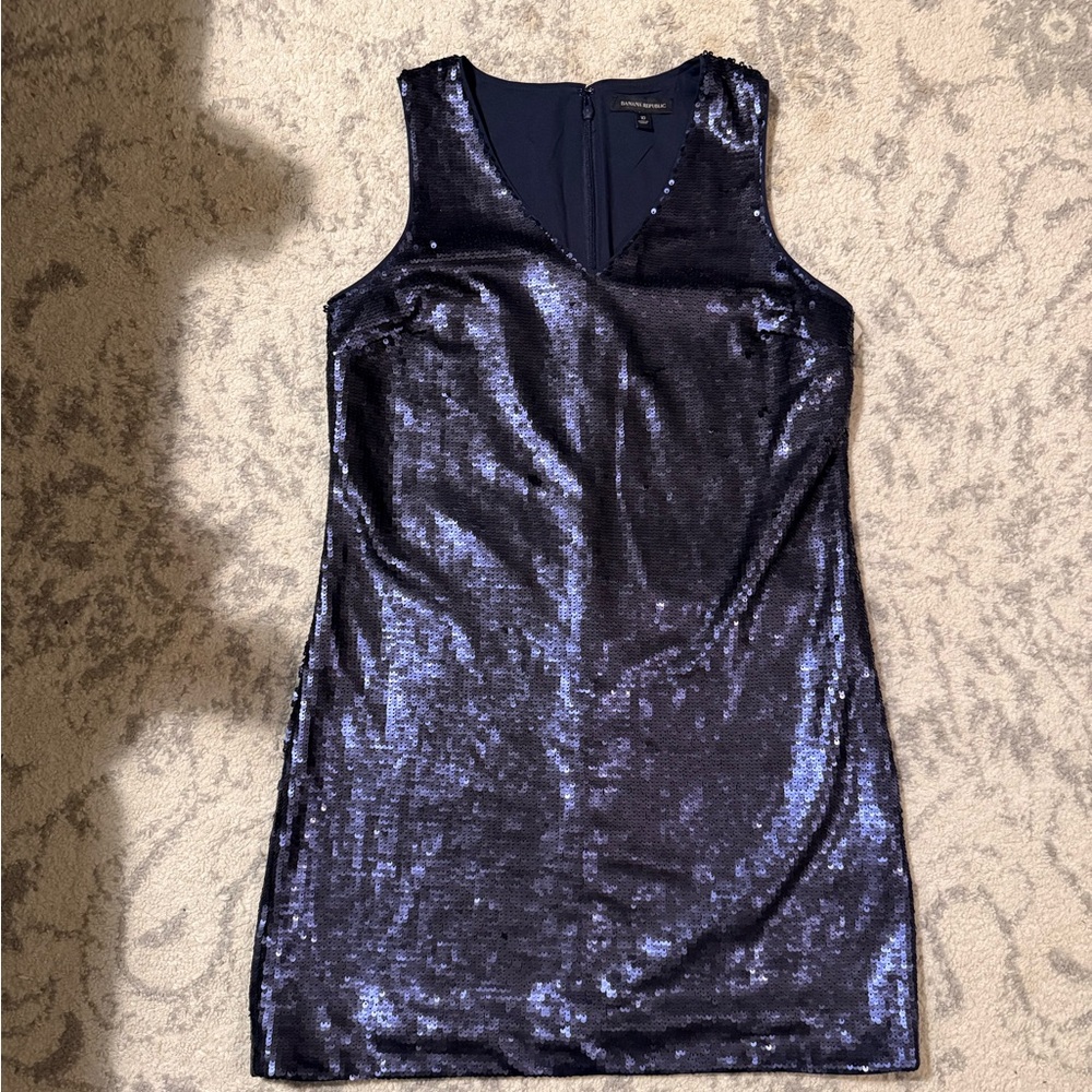 Banana Republic Navy Blue Women Sequin V-Neck Shift Party Dress - Picture 4 of 5